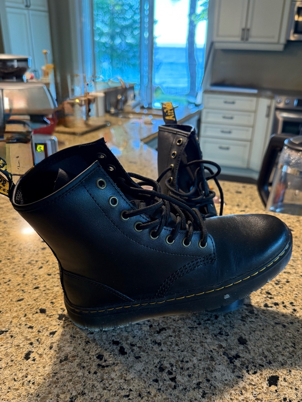 Dr. Martens Black Leather Lace-Up Boots with Yellow Stitching. Never used.